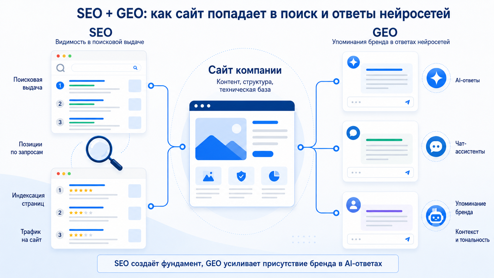 Схема взаимосвязи SEO и GEO продвижения для сайта компании