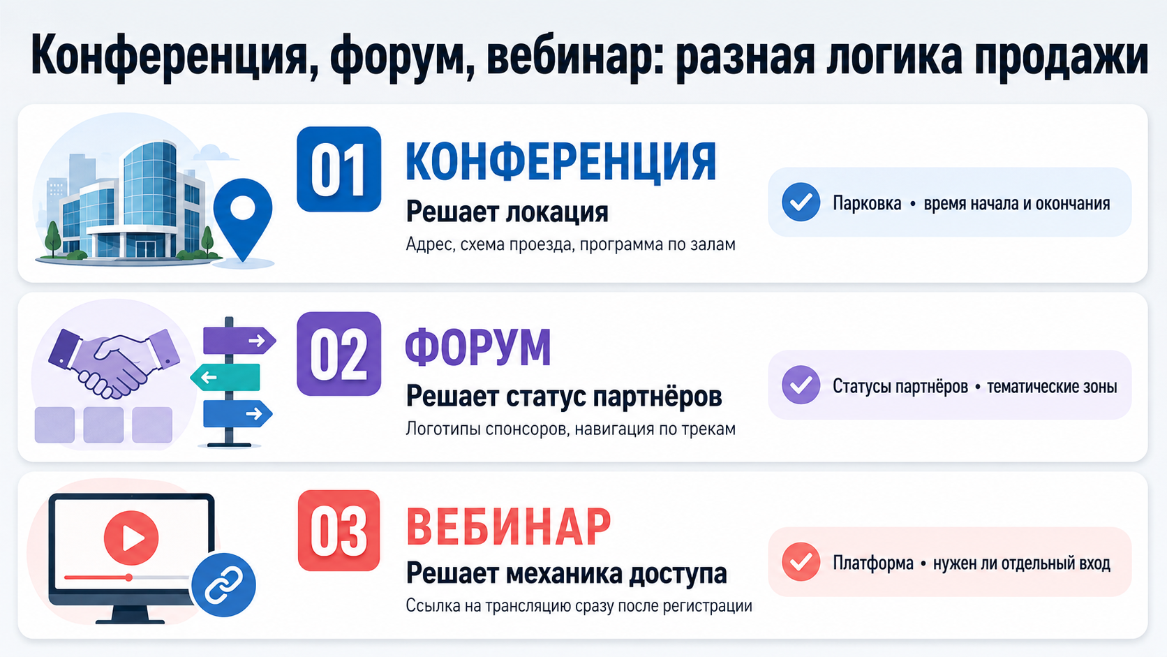 Сравнение структуры страницы для конференции, форума и вебинара: локация и программа против партнёров и треков против механики доступа к трансляции