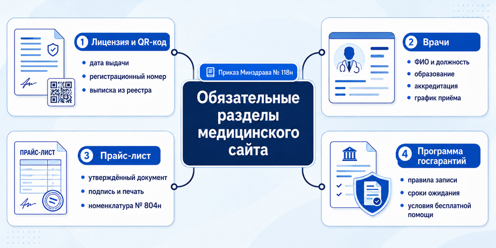 Структура обязательных разделов медицинского сайта по приказу Минздрава 118н: лицензия, врачи, платные услуги, программа госгарантий