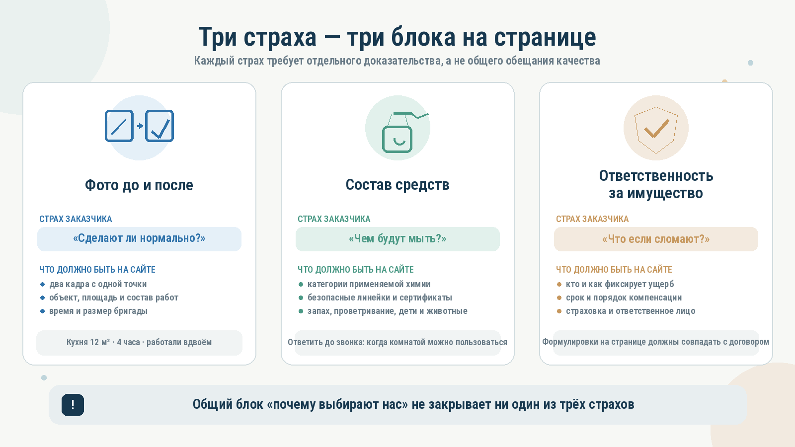 Три блока доверия на странице клининговой компании: фото до и после, состав средств, ответственность за имущество